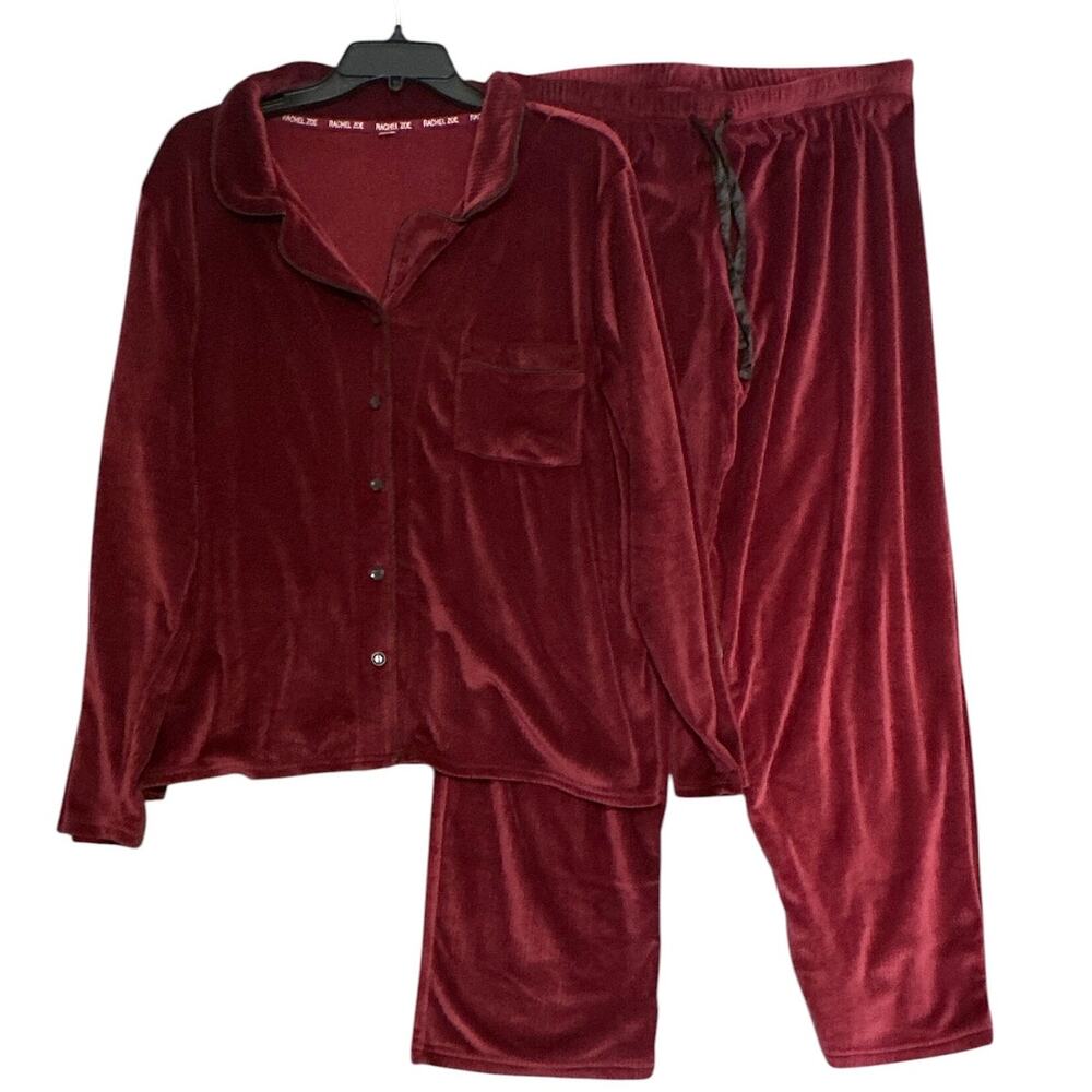 Rachel Zoe Women's XL Burgundy Velour Pajama Set Piped Button Front Loungewear